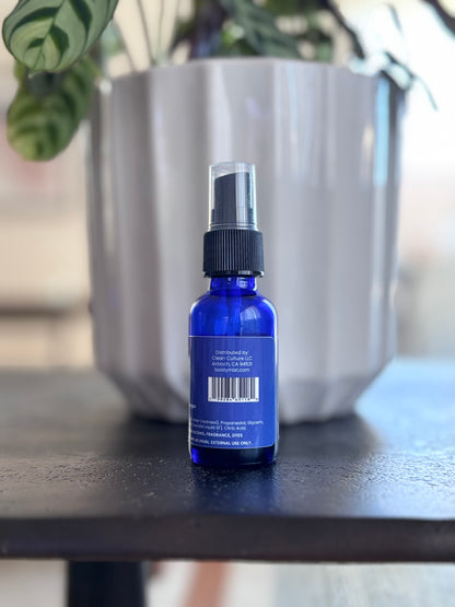 BootyMist toilet paper spray bottle displayed on an outdoor table in front of a modern silver planter — a clean, natural solution for transforming toilet paper into a refreshing, flushable wipe.